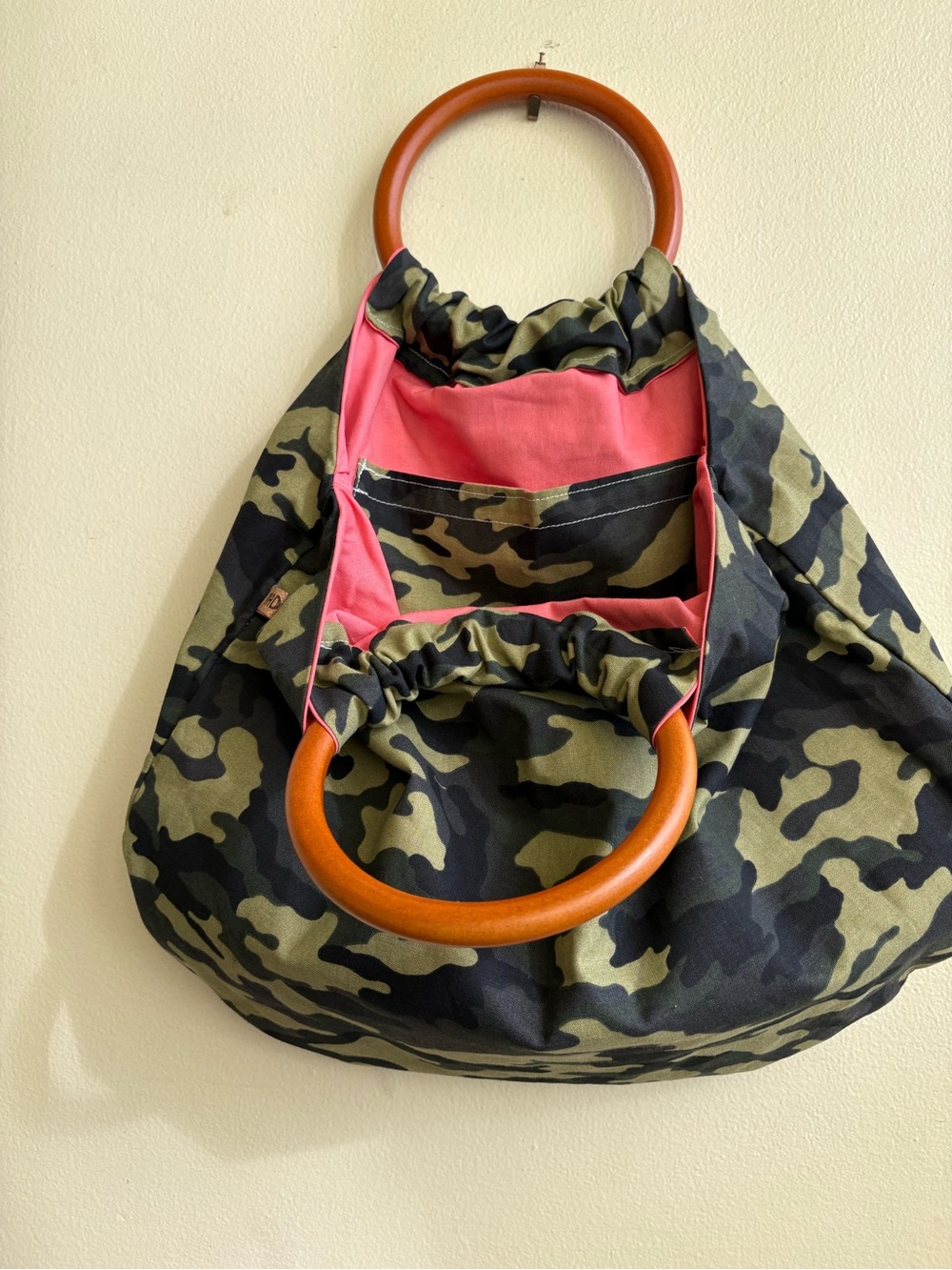 Camo Shoulder Bag with Pink Lining and Wooden Ring Handles